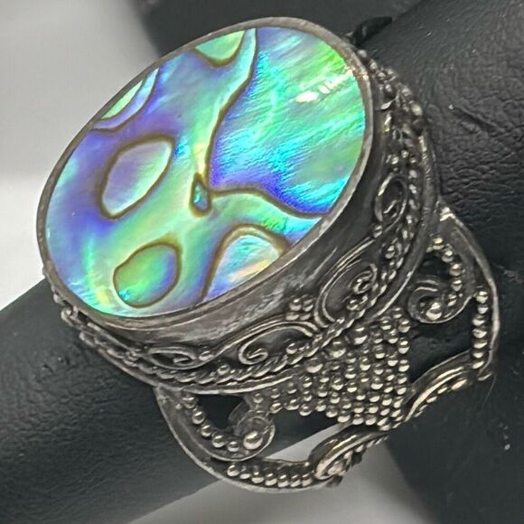 925 silver abalone shell statement ring large intricate Sz 10 - Picture 1 of 12